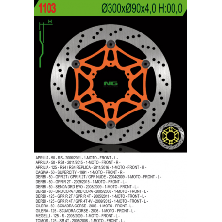 NG TARCZA HAMULCOWA PRZÓD APRILIA RS 50/125 '11-'14 (RS4), RS50 '07-'08, DERBI 50/80/125 (300X90X4) (6X6,5MM)