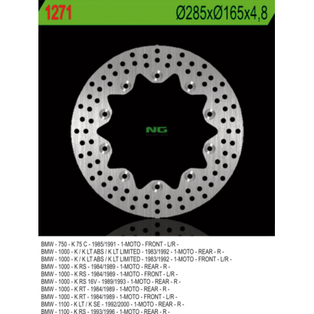 NG TARCZA HAMULCOWA PRZÓD BMW K 75C/RT/S '94-'96, PRZÓD/TYŁ K 100 '84-'93, K1100 '92-'00 (285X165X4,8) (10X5,5MM)