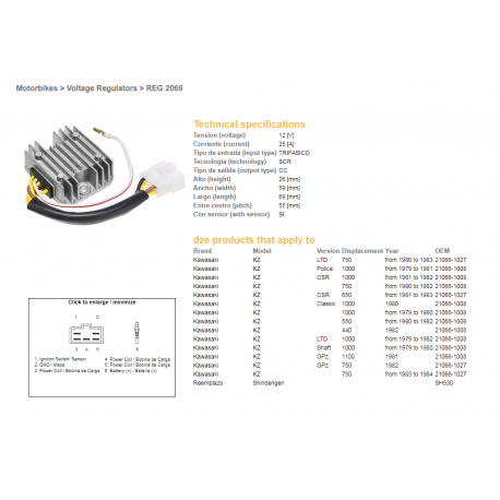 DZE REGULATOR NAPIĘCIA KAWASAKI KZ550/650/750/1000 (ESR370,SH530-12K,21066-1008,RGU-406)