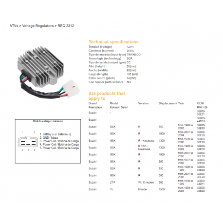 DZE REGULATOR NAPIĘCIA SUZUKI GSXR 600 '97-'05, GSXR 750 '96-'05, VL 1500 98-04, GSXR1000/1300 (ESR550) (32800-33E20)