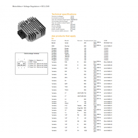 DZE REGULATOR NAPIĘCIA YAMAHA YZF R6 '99-'02, R1 '98-'01, TDM850 '96-'01 (35A) (ESR261,RGU-209,CL650A-12)
