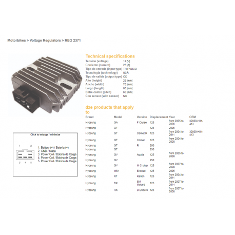 DZE REGULATOR NAPIĘCIA HYOSUNG GA/GF/GT/GV/RX 125 '04-'11 (32800-H01-413) (12V/25A)