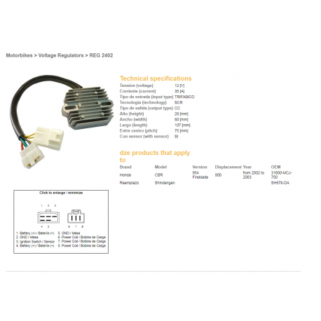 DZE REGULATOR NAPIĘCIA HONDA CBR900RR 02-03 (CBR954), VTX1800 02-08 (ESR690) (31600-MCJ-750) (SH678DA) (35A)