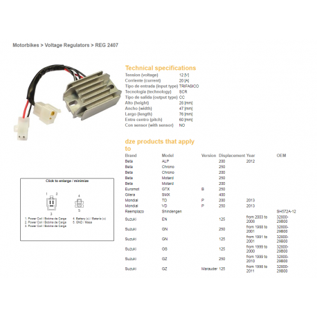 DZE REGULATOR NAPIĘCIA SUZUKI GN125 91-97, GZ250 99-10, ARCTIC CAT 250/300 98-02 (ESR142) (32800-29B00)