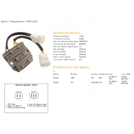 DZE REGULATOR NAPIĘCIA HONDA CBR600RR '07-'12, XL700V TRANSALP '08-'11, MOSFET (50A) (31600-MFJ-D01)