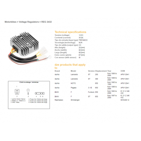 DZE REGULATOR NAPIĘCIA BMW F650 93-00, APRILIA PEGASO 650 96-04 (SH532B-12) (61312346432, AP8112941) (ESR962)