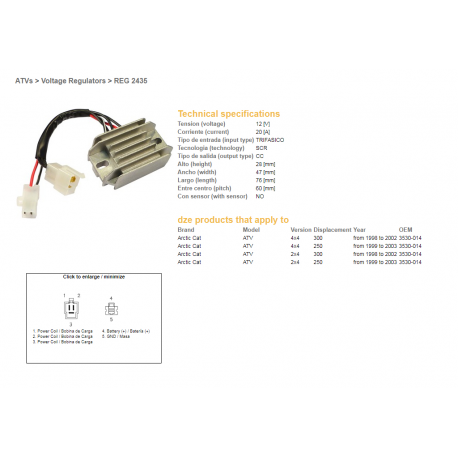 DZE REGULATOR NAPIĘCIA ARCTIC CAT 250 '99-'03, 300 '98-'02 12V20A (3530-014)