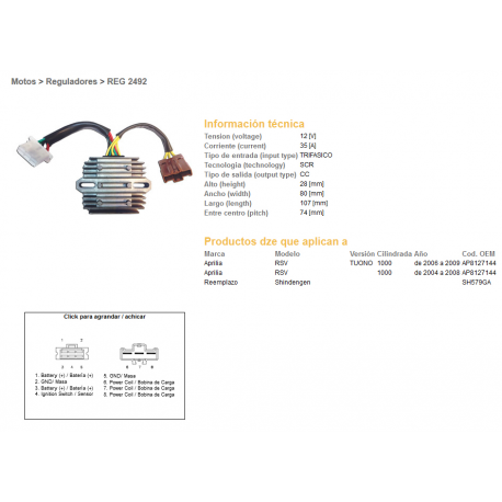 DZE REGULATOR NAPIĘCIA APRILIA RSV1000 04-08, TUONO 1000 06-09 (SH579GA) (AP8127144) (ESR549)