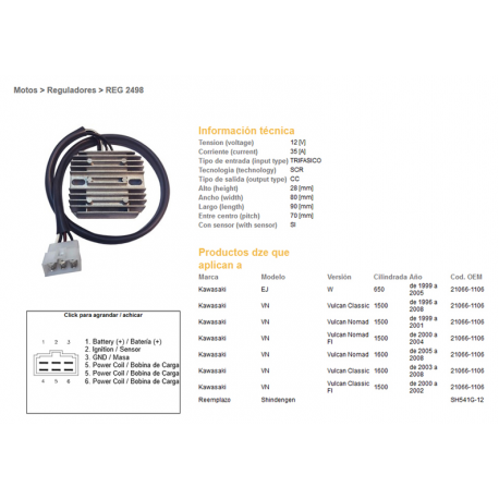 DZE REGULATOR NAPIĘCIA KAWASAKI VN1600 CLASSIC 03-08, VN1500 CLASSIC 96-08 (21066-1106) (ESR264) (SH541G-12)