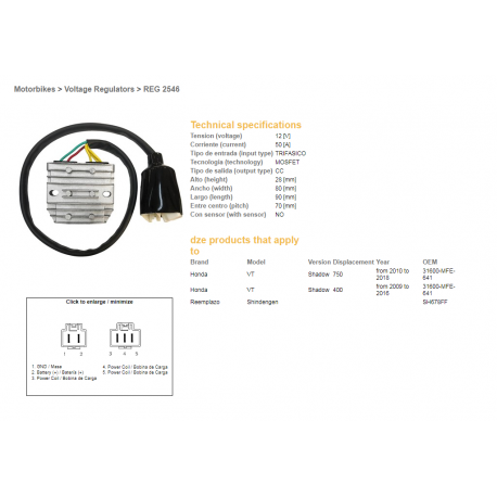 DZE REGULATOR NAPIĘCIA HONDA VT 750C SHADOW '10-'18 (31600-MFE-641) 12V50A (MOSFET)