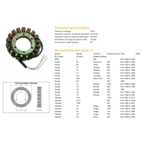 DZE UZWOJENIE ALTERNATORA STATOR YAMAHA FJR 1300 '01-11, TDM 850 '91-01, XV 750 '81-98, 1100 '86-99, SUZUKI VL 1500 '98-04, VS 6