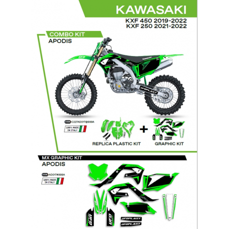 UFO 2022/06 KOMPLET PLASTIKÓW PLUS KOMPLET NAKLEJEK (OKLEIN) KAWASAKI KXF 250 '21-'22 APODIS KOLOR OEM (ZIELONY/CZARNY)