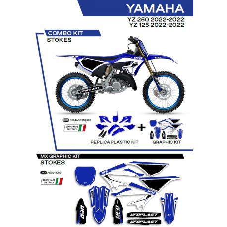 UFO 2022/06 KOMPLET PLASTIKÓW PLUS KOMPLET NAKLEJEK (OKLEIN) YAMAHA YZ 125 '22 STOKES KOLOR OEM (NIEBIESKI/CZARNY/BIAŁY)