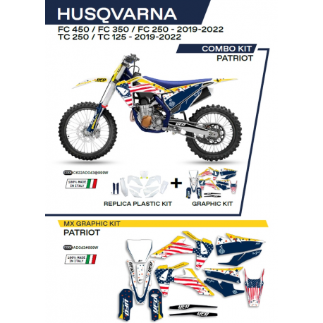 UFO 2022/06 KOMPLET PLASTIKÓW PLUS KOMPLET NAKLEJEK (OKLEIN) HUSQVARNA TC 125 '19-'22 PATRIOT KOLOR OEM (BIAŁY/NIEBIESKI)