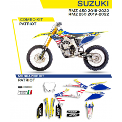 UFO 2022/06 KOMPLET NAKLEJEK (OKLEIN) SUZUKI RMZ 250 '19-'22 PATRIOT KOLOR OEM (ŻÓŁTY/NIEBIESKI/BIAŁY)