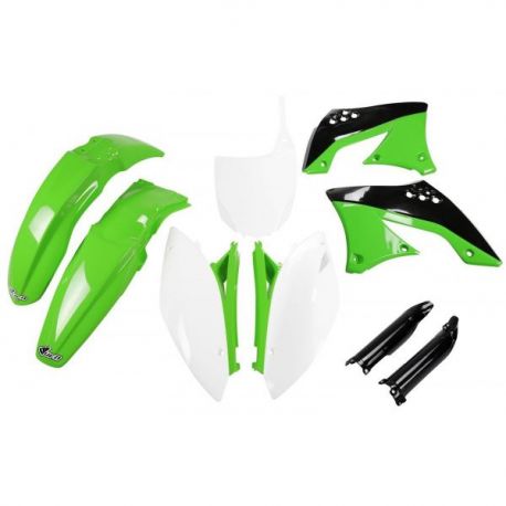 UFO KOMPLET PLASTIKÓW (FULL KIT) Z OSŁONAMI TELESKOPÓW (AMORTYZATORÓW) KAWASAKI KXF 450 '09-'11 KOLOR OEM '10-'11 (ZIELONY/BIAŁY