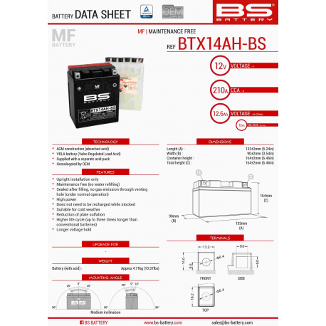 BS AKUMULATOR BTX14AH-BS (YTX14AH-BS) 12V 12AH 134X89X166 BEZOBSŁUGOWY - ELEKTROLIT OSOBNO (210A) (4) UE2019/1148