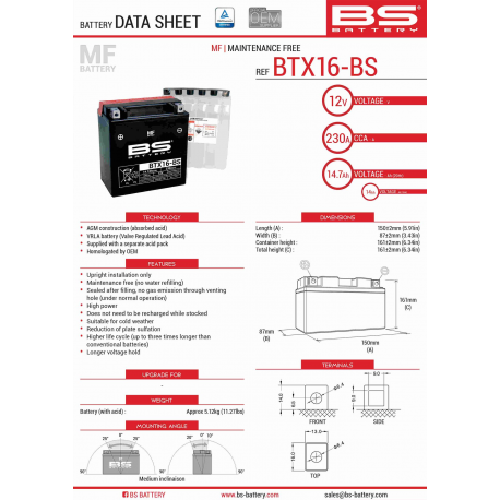 BS AKUMULATOR BTX16-BS (YTX16-BS) 12V 14AH 152X88X161 BEZOBSŁUGOWY - ELEKTROLIT OSOBNO (230A) (4) UE2019/1148