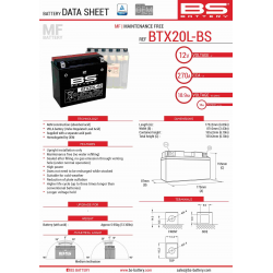 BS AKUMULATOR BTX20L-BS (YTX20L-BS) 12V 18AH 175X86X154 BEZOBSŁUGOWY - ELEKTROLIT OSOBNO (270A) (2) UE2019/1148