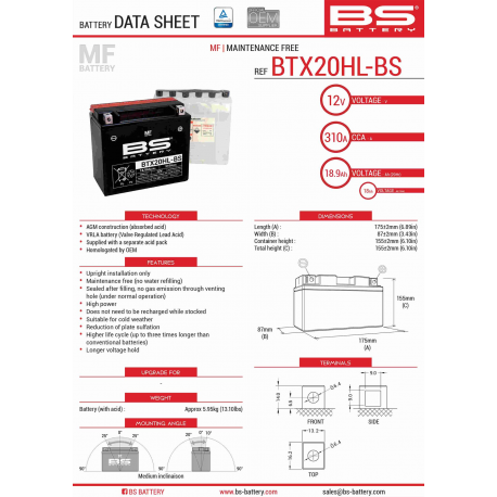 BS AKUMULATOR BTX20HL-BS (YTX20HL-BS) 175X87X155 BEZOBSŁUGOWY ELEKTROLIT OSOBNO (310A) (2) UE2019/1148