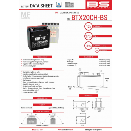 BS AKUMULATOR BTX20CH-BS (YTX20CH-BS, YTX20A-BS) 12V 18AH 150X87X161 BEZOBSŁUGOWY - ELEKTROLIT OSOBNO (270A) (2) UE2019/1148