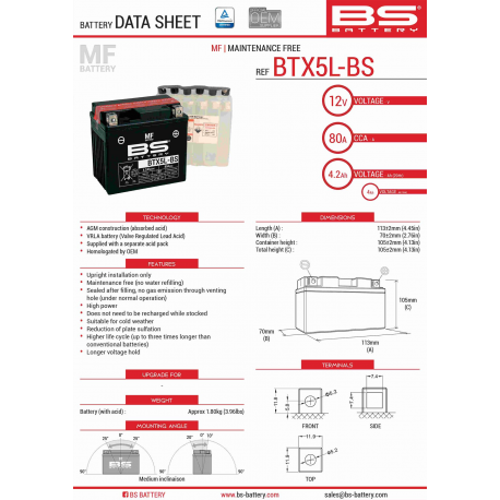 BS AKUMULATOR BTX5L-BS (YTX5L-BS) 12V 4AH 114X71X106 BEZOBSŁUGOWY - ELEKTROLIT OSOBNO (70A) (8) UE2019/1148