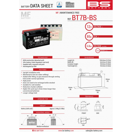 BS AKUMULATOR BT7B-BS (YT7B-BS) 12V 6,5AH 150X65X93 BEZOBSŁUGOWY - ELEKTROLIT OSOBNO (85A) (8) UE2019/1148