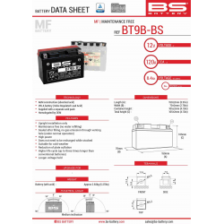 BS AKUMULATOR BT9B-BS (YT9B-BS) 12V 8AH 150X70X105 BEZOBSŁUGOWY - ELEKTROLIT OSOBNO (120A) (6) UE2019/1148