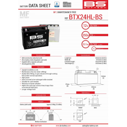 BS AKUMULATOR BTX24HL-BS (YTX24HL-BS) 12V 21AH 205X87X162 BEZOBSŁUGOWY - ELEKTROLIT OSOBNO (350A) (2) UE2019/1148