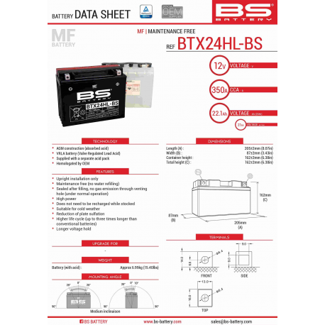 BS AKUMULATOR BTX24HL-BS (YTX24HL-BS) 12V 21AH 205X87X162 BEZOBSŁUGOWY - ELEKTROLIT OSOBNO (350A) (2) UE2019/1148