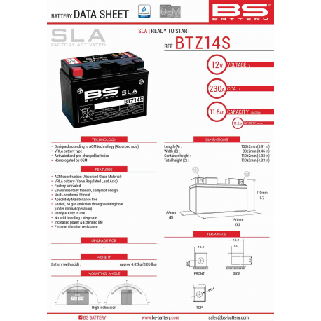 BS AKUMULATOR BTZ14S (FA) (YTZ14S) 12V 11,2AH 150X86X110 BEZOBSŁUGOWY - ZALANY (230A) (4)