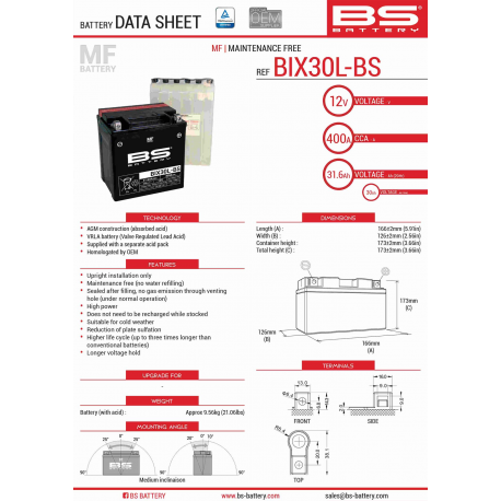 BS AKUMULATOR BIX30L-BS (YTX30L-BS) 12V 30AH 165X125X175 BEZOBSŁUGOWY - ELEKTROLIT OSOBNO (400A) (2) UE2019/1148