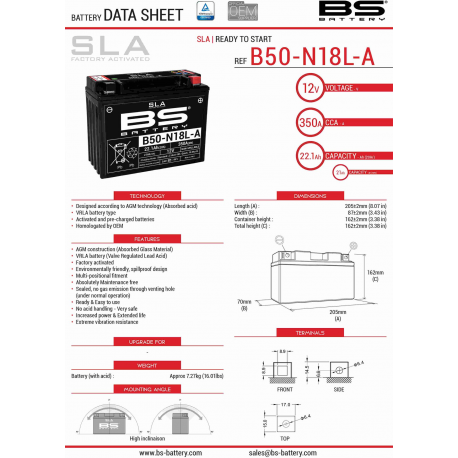 BS AKUMULATOR B50-N18L-A/A2 (FA) (Y50-N18L-A/A2) 12V 21AH 205X87X162 BEZOBSŁUGOWY- ZALANY (350A) (4)