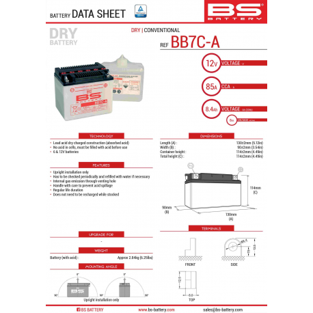 BS AKUMULATOR BB7C-A (YB7C-A) 130X90X114 Z ELEKTROLITEM OSOBNO - KONWENCJONALNY (85A) (6) UE2019/1148