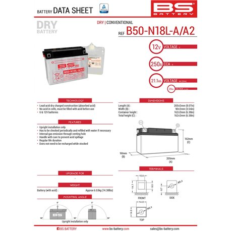 BS, akumulátor B50-N18L-A/A2 (Y50-N18L-A/A2) 12V 20AH 205X90X162, olověný 250A (2) UE2019/1148