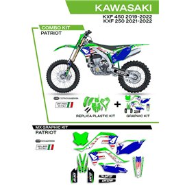 UFO, sada plastů + sada polepů, Kawasaki KXF 250 '21-'22 Patriot, OEM barva (zelená/modrá)