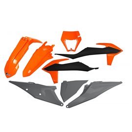 UFO, sada plastů, KTM EXC 125/150/250/300, EXC-F 250/350/450/500 '20-23, s rámečkem světla, OEM barva '21 (oranžová/černá)