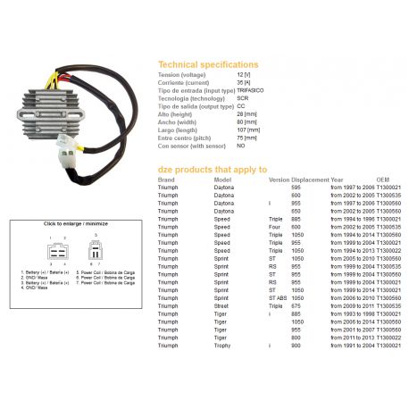 DZE, regulator napětí, Triumph DAYTONA/SPEED/SPRINT/TIGER 955-1050 '01-'14 (T1300560, T1300535) (ESR535)