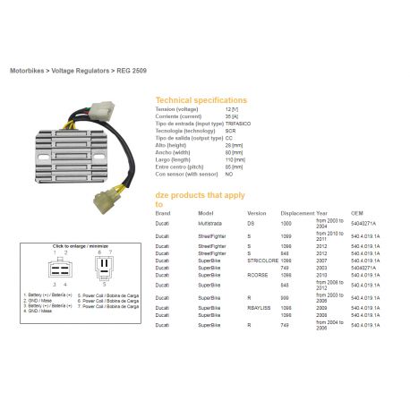 DZE, regulator napětí, Ducati DS 1000 MULTISTRADA '03-'04, Ducati 749/848/999/1098/1099/1198 (OEM-540.4.019.1A) (SH579EA) (ESR53