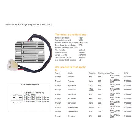 DZE, regulator napětí, Triumph AMERICA 790/865 '02-'17, BONNEVILLE 865 '02-'17, SCRAMBLER/SPEEDMASTER 865 '02-'17, TT 600 '00-'0