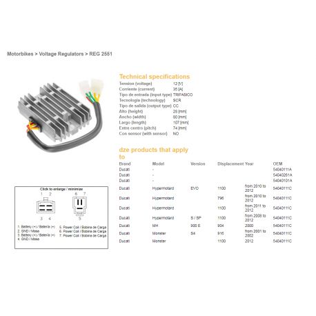 DZE, regulator napětí, Ducati 600/620/748/750/796/800/900/916/944/992/996/1000/1100 12V 35A (54040111C, SH579-B11) (ESR532) - ZA